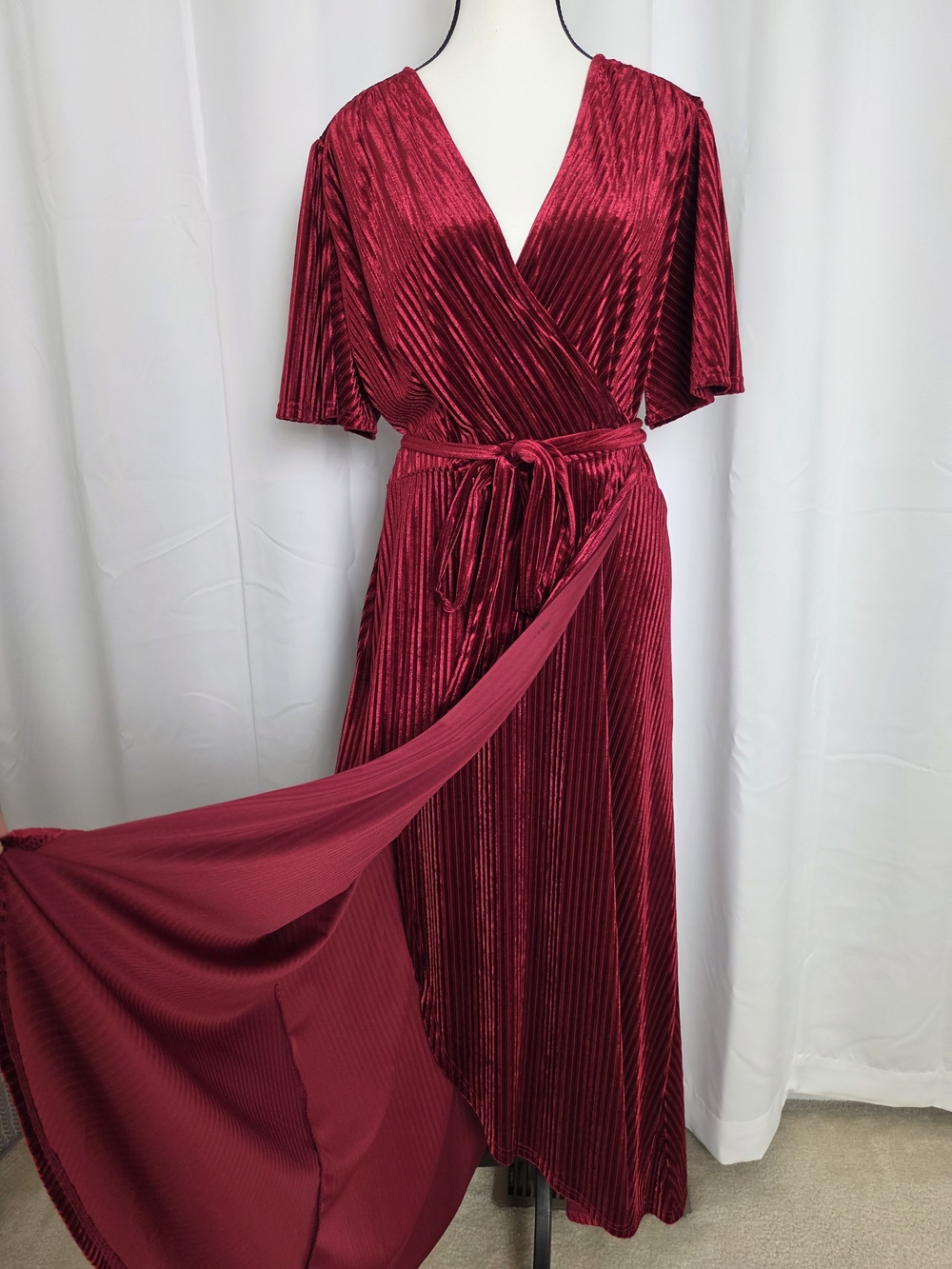 Elegant Wine Red Velvet Wrap High-Low Dress
